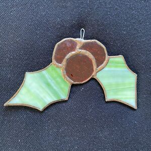 Vintage Stained Glass Holly Berries Leaves Christmas Ornament Decor Suncatcher